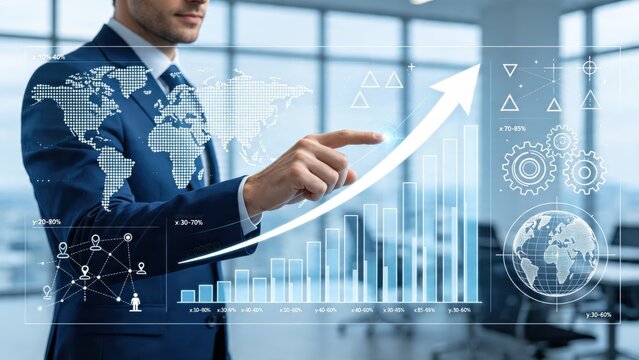Businessman analyzing financial growth chart with holographic world map, global market strategy planning, economic success and profit increase concept