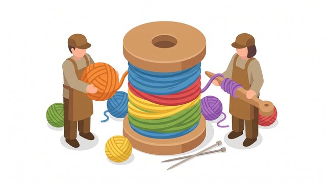 Isometric illustration of weavers wrapping yarn around a giant spool of thread