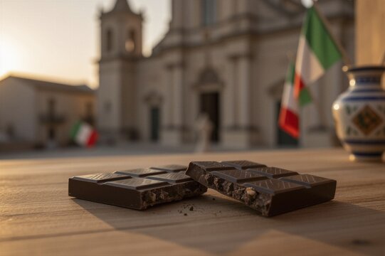 Two dark chocolate bars sit on a wooden table in front of an Italian church's classical facade, bathed in warm golden light.