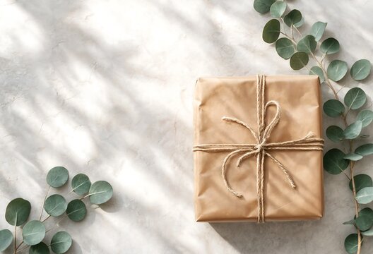 Gift wrapped in brown paper with twine and eucalyptus leaves on white surface