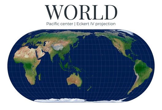 World Map, Eckert IV projection, equal-area pseudocylindrical map. High detail physical topography. Pacific center at 0 latitude and 150 longitude.
