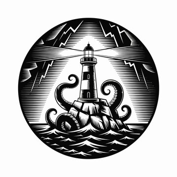 Lighthouse on Rock with Tentacles Emerging.