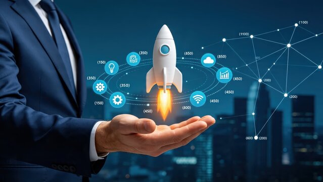 Businessman holding hand with rocket launch, startup growth concept, technology innovation network, digital transformation strategy, corporate success, future vision