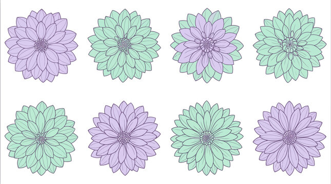 Collection of hand drawn purple and green flower icons