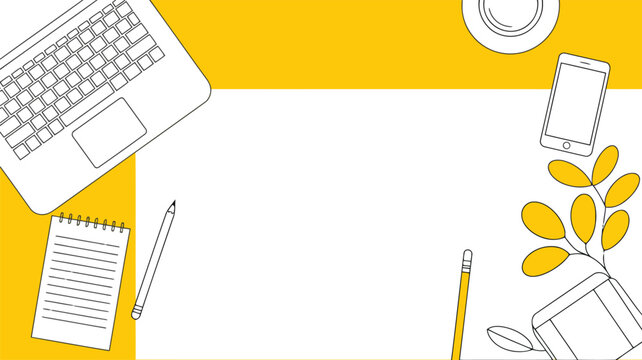 Overhead view of a desk with laptop notebook phone coffee and plant on yellow background