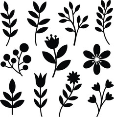 Fototapeta premium Set of black floral silhouettes with leaves and flowers on grid background.