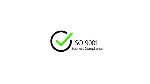 ISO 9001 Business Compliance Certification Icon Animation with Green Checkmark Symbol Representing International Quality Management Standards Corporate Regulations and Industry Trust Isolated.
