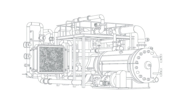 Technical line drawing of a large industrial chiller unit for HVAC systems.