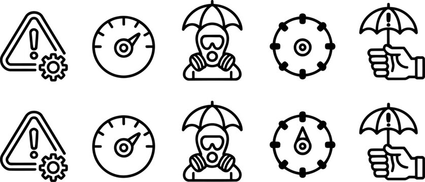 Set of five black and white icons depicting safety and warning symbols triangle exclamation mark