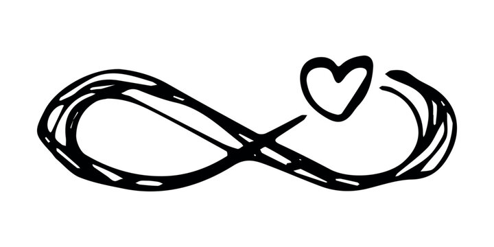 Hand drawn infinity sign with heart Eternal limitless unlimited infinite forever symbol Cycle endless life concept doodle For design print logo tattoo