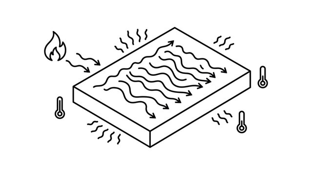 Line art icon depicting heat transfer through a solid material block.