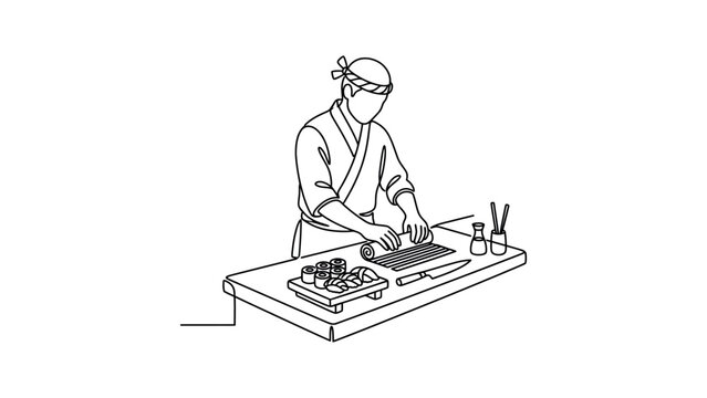 Continuous line drawing of a sushi chef preparing rolls at a wooden table.