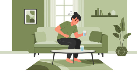 Fototapeta premium Woman Experiencing Abdominal Discomfort and Seeking Relief at Home, Feeling Unwell