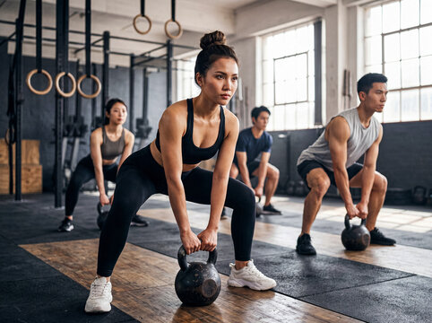 Diverse group of focused Asian athletes performing kettlebell squats in a modern, industrial gym setting.