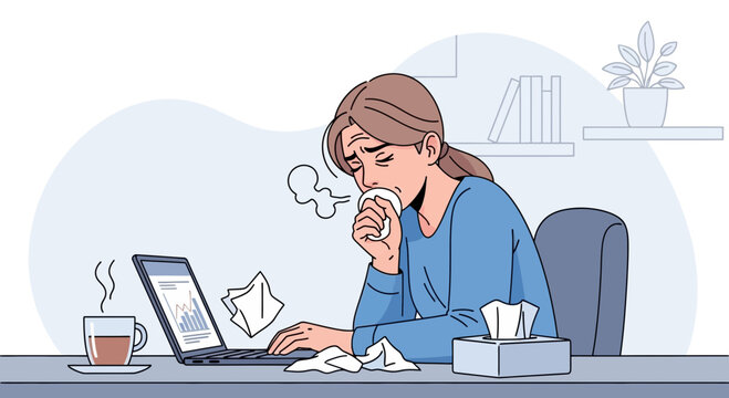 Woman Experiencing A Cold At Work And Working On The Computer While Suffering