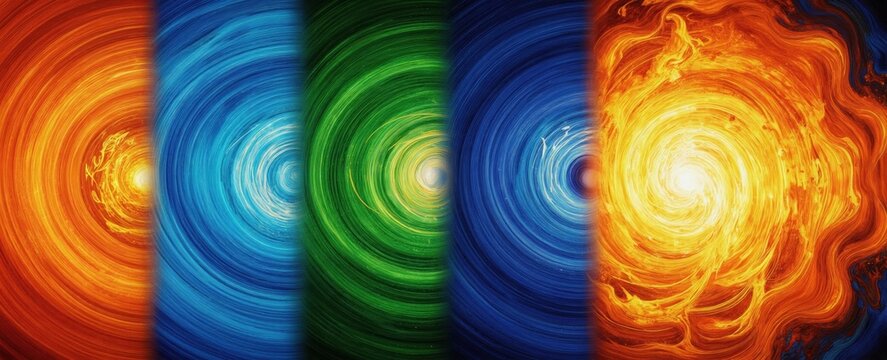 Abstract illustration shows five natural elements fire, water, earth, air, creation in swirling vortex patterns. Colors blend from fiery orange to deep blue, vibrant green. Art visualizes primal