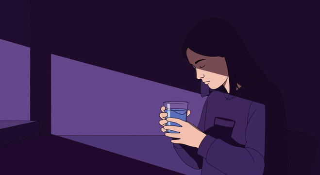 Woman Contemplating With a Glass of Water in a Purple And Dark Environment Illustration