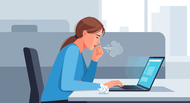 Woman Coughing While Working on Laptop in Office, Showing Signs of Sickness