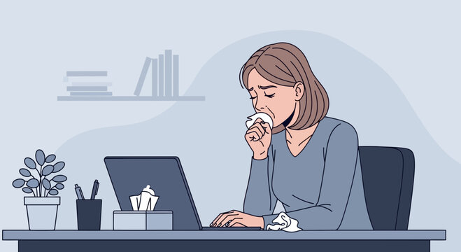 Woman Crying at Workplace Suffering Stress and Emotional Overwhelm Digital Illustration
