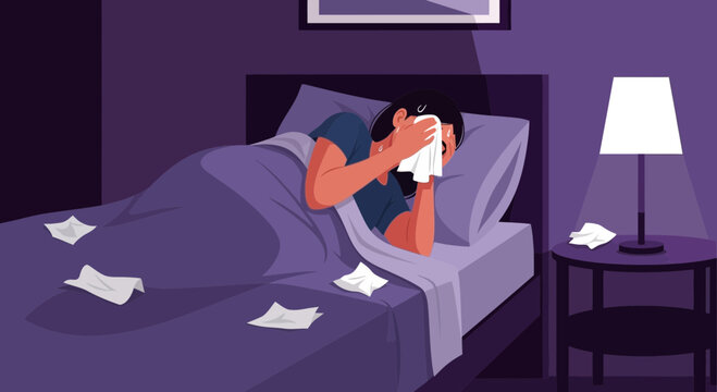 Woman Crying in Bed with Used Tissues in a Dark Bedroom Purple Tone