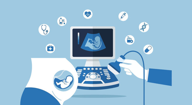 Visualization Of Baby Sonogram Medical Scan With A Pregnant Woman and Healthcare Icons