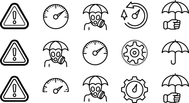 Three rows of five black and white icons for safety and measurement warning triangle