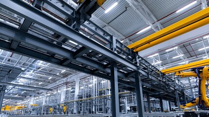 Fototapeta premium Automated warehouse robots interact with industrial metal structures evoking a sense of peaceful futuristic automation