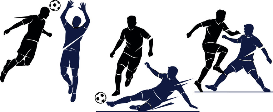 Soccer player action silhouettes set with headers tackles saves dribbling and match defense vectors