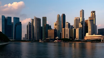 Naklejka premium A cinematic side view of a financial district skyline featuring soft lighting subtle shadows and colorful abstract motifs