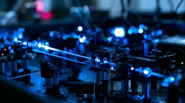 An intricate view of a futuristic neon lit quantum computer laboratory with glowing blue lights and complex internal details