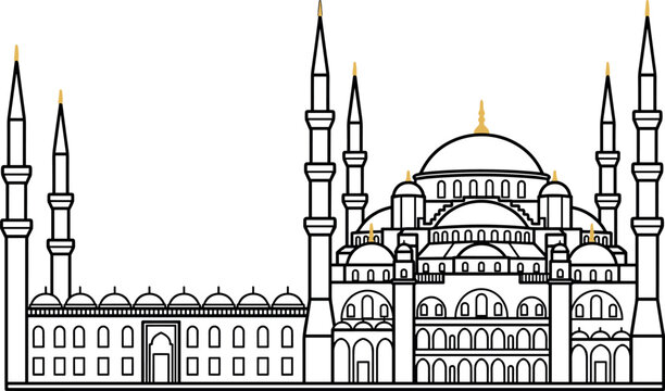 The Blue Mosque Sultan Ahmed line art landmark illustration with gold elements isolated on white background