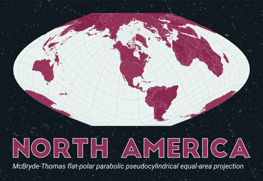 North America. World map. McBryde-Thomas flat-polar parabolic pseudocylindrical equal-area projection centered to North America. Pale Mint Dark Pink palette. Vintage texture.