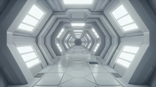 Futuristic server corridor with glowing ceiling panels and geometric architecture. High-tech data center interior. Symmetrical design with bright lighting and seamless walls.