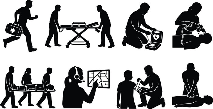 Emergency medical services and first aid responder black silhouette icons featuring paramedics cpr defibrillator and stretcher in image_15bbbb.png