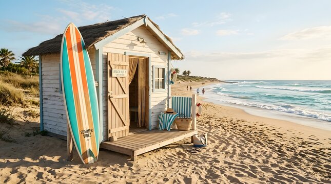 A charming wooden beach hut with a colorful surfboard standing on the sand at sunset.