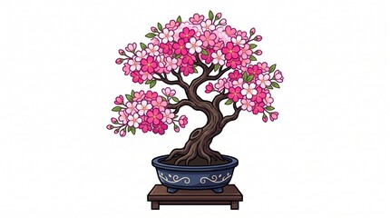 Fototapeta premium Cartoon cherry blossom bonsai with pink and white flowers, green leaves, and a twisted brown trunk. Blue patterned pot on a wooden stand. White background.