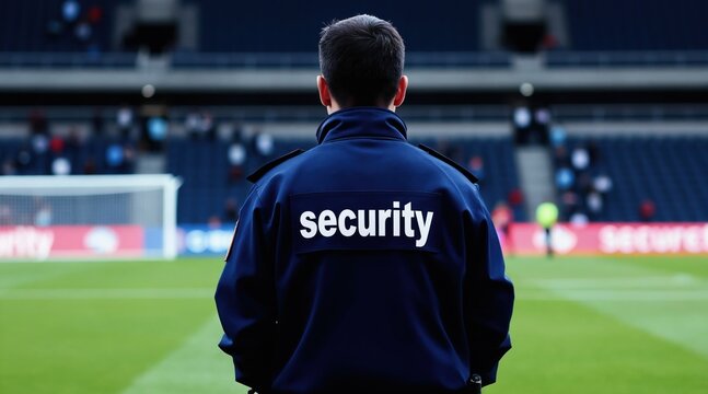 Security guard wearing blue jacket with word security on back watches sports field. Stadium seats and blurred crowd are in background. Professional watches over event safety.