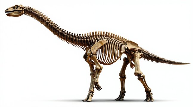 Brachiosaurus skeleton stands with long neck and massive body on white background. Ancient dinosaur bones form complete fossil structure for science education.