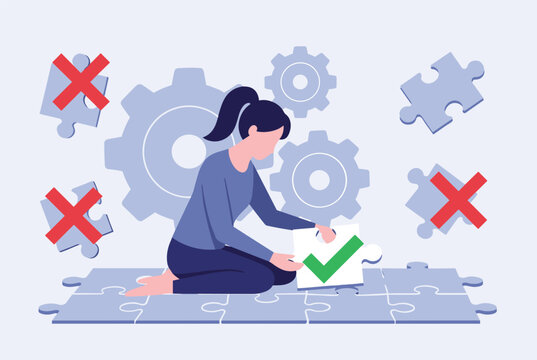 Young woman successfully fitting the right puzzle piece with a green checkmark while working on a complex solution.