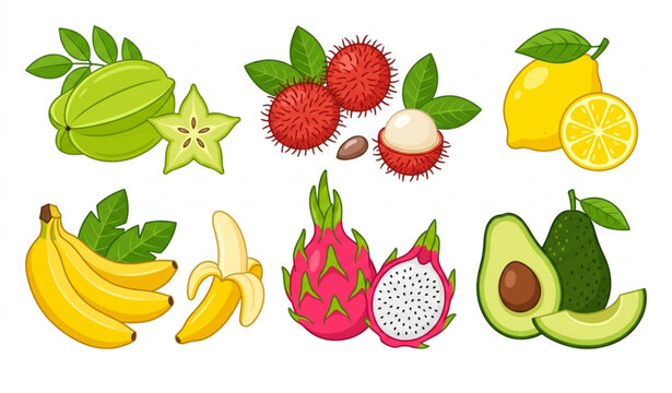 Cartoon Tropical Fruit Collection Vector EPS 10 Fresh Exotic Fruits Isolated on White