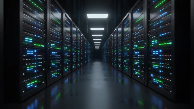 Data center server room with rows of high performance computing racks. Blue and green LED lights on black server cabinets. Modern IT infrastructure for cloud computing and big data processing.