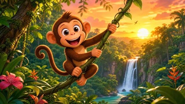 Happy Cartoon Monkey Swinging on a Lush Jungle Vine with a Beautiful Sunset and Waterfall