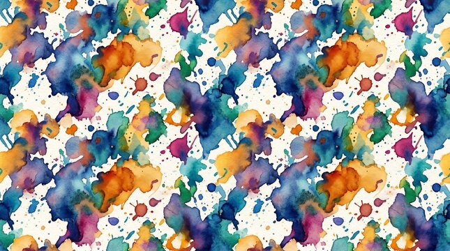 Seamless watercolor splatter pattern background. Vibrant colorful paint drops, blots and splashes texture on paper. Artistic abstract rainbow background illustration.