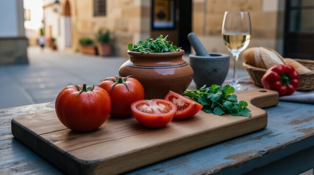 A rustic still life of fresh produce and kitchen items on a weathered wooden table in an outdoor Mediterranean street scene.