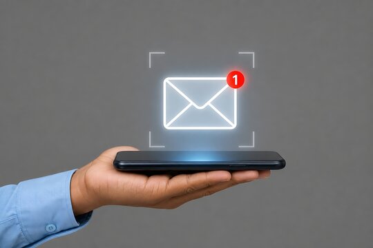 Hand holding smartphone with glowing email notification icon and red alert badge