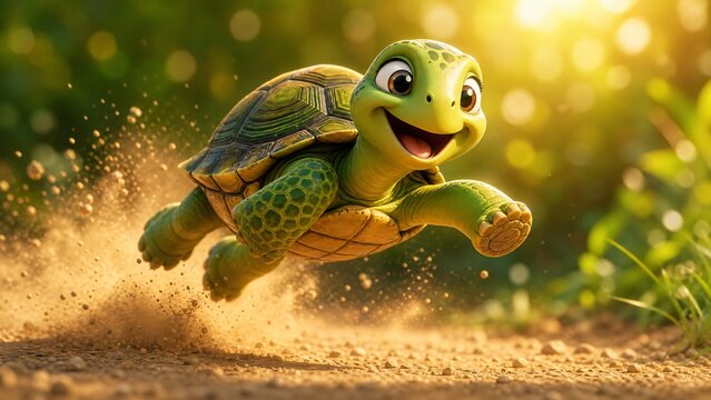 Turtle Character Leaping with Joy and Speed on a Dusty Path Bathed in Bright Sunlight