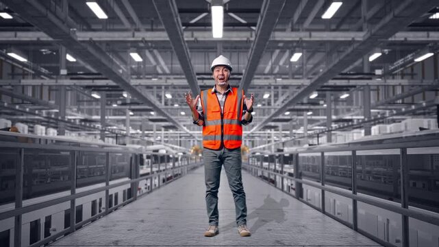 Full Body Of Asian Male Engineer With Safety Helmet Smiling To Camera And Saying Wow While Standing at Solar Panel Manufacturing Factory with Automated Robotic Assembly Line
