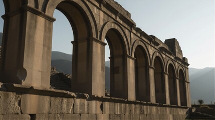 Fototapeta premium Weathered stone arches at Volubilis archaeological site in Morocco evoke a sense of grandeur and timeless decay.