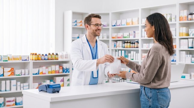 Smiling pharmacist assisting female customer with medication purchase in modern pharmacy store.