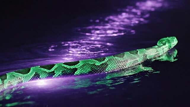 Glowing green alligator in water.